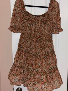 Trixxi Pink & Olive Floral Tiered Midi Dress